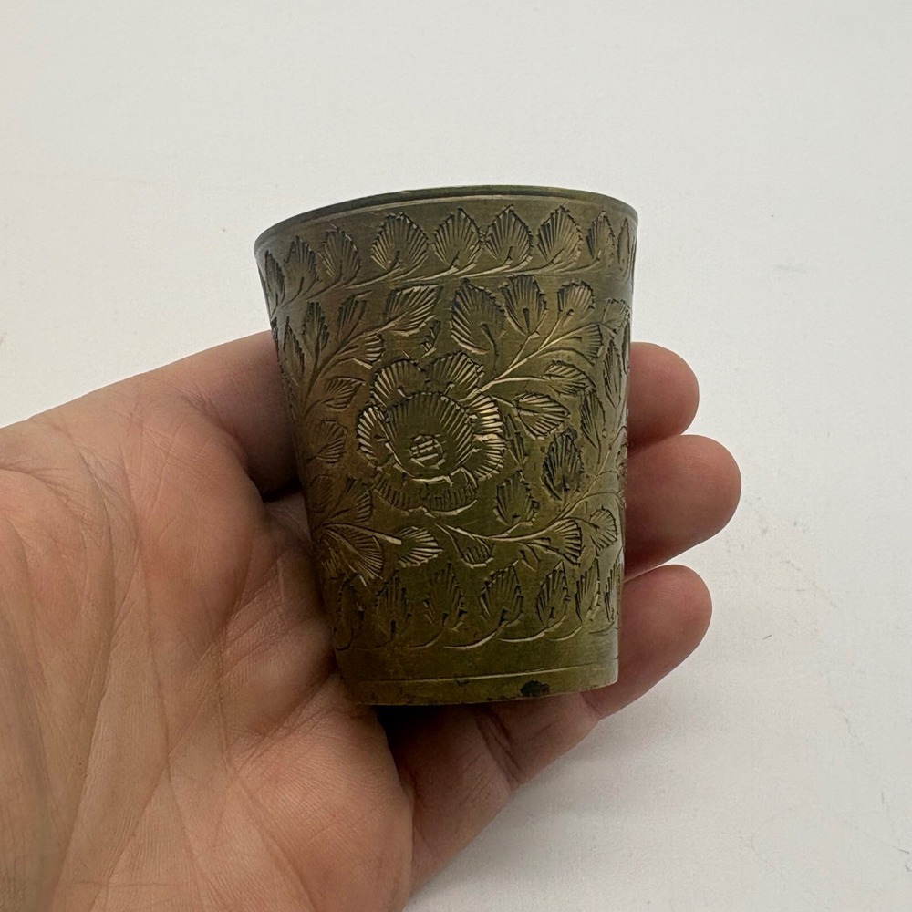 Vintage Etched Brass Lassi Cup Floral Foliate Engraved Small Vessel Number